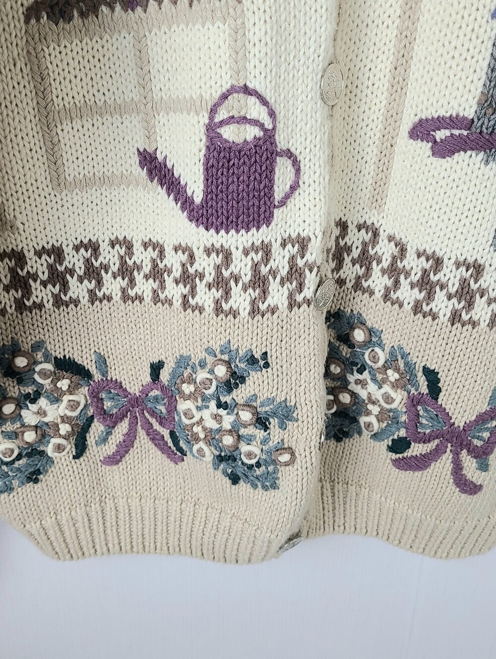 Hand Embroidered Floral Garden Ramie Blend Cardigan 90s Vintage Grandma Sweater - Picture 6 of 10